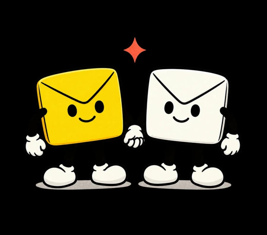 Two friendly MailProud envelope characters holding hands